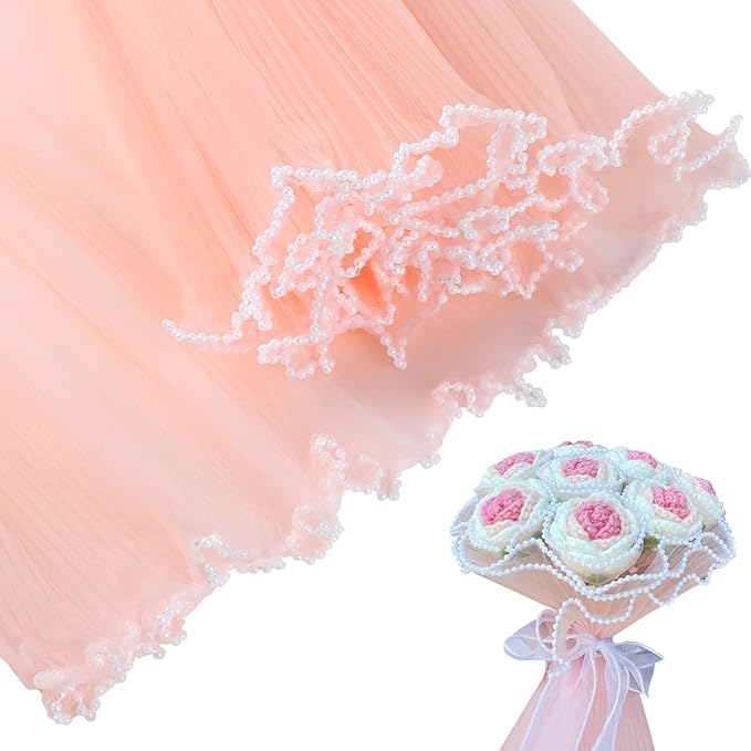 KIMOBER 4.3 Yards Champagne Flower Wrapping Mesh Paper,Pearl Edge Wrinkled Wavy Net Yarn Flower Wrapping Mesh Paper for Valentine's Day Mother's Day Wedding Florist Supplies(Champagne)