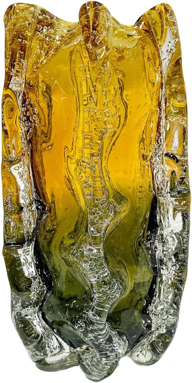 Blown Glass Bubble with Ruffled Edge Vase, Art Glass for Home Decor, Tall Vases for Centerpieces & Flowers, Crystal-Like for Bouquets & Pampas Grass, Vases Amber, Flower Bouquet Display (Yellow, L)