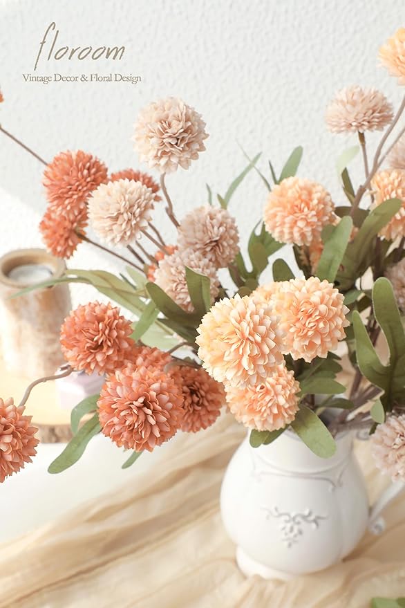 Floroom 9pcs Burnt Orange Peach Mix Faux Silk Mums Artificial Flowers, Bulk Fake Small Mini Chrysanthemums with Stems for DIY Wedding Centerpieces Floral Arrangements Vase Fillers Home Decorations