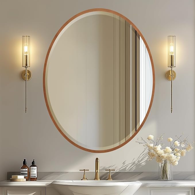 OVALCREST - Oval Wooden Beveled Wall Mirror for Home Decor, Bathroom, Vanity, Bedroom, Living Room, Hallway - London Style (Gold Spray) 31.1 x 25.1