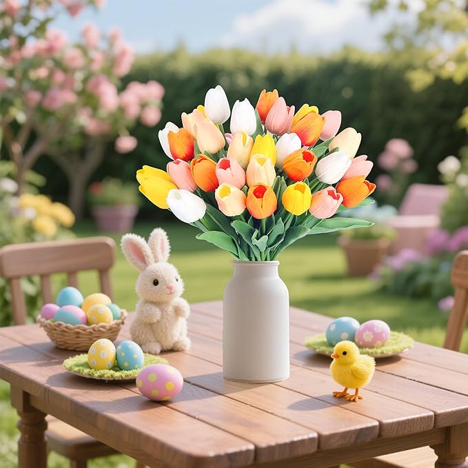 20pcs 14" Tulips Artificial Flowers for Real Touch Fake Tulips Slik Faux Flowers for Summer Wedding Bouquet Spring Easter Mother's Day Decor (5 Color)