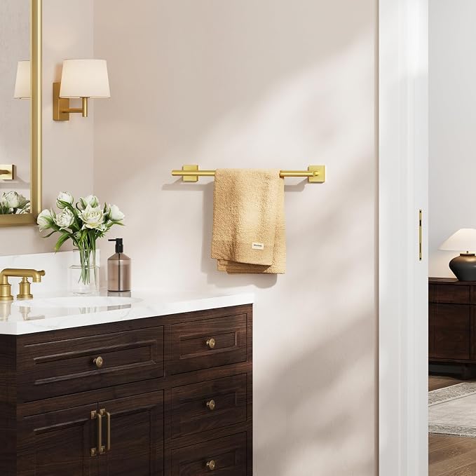 USHOWER Brushed Gold Towel Bar, 18 Inch Towel Racks for Bathroom Wall Mounted, 304 Stainless Steel Towel Holder with Square Base, Modern Home Decor (Total Length 20 Inch)