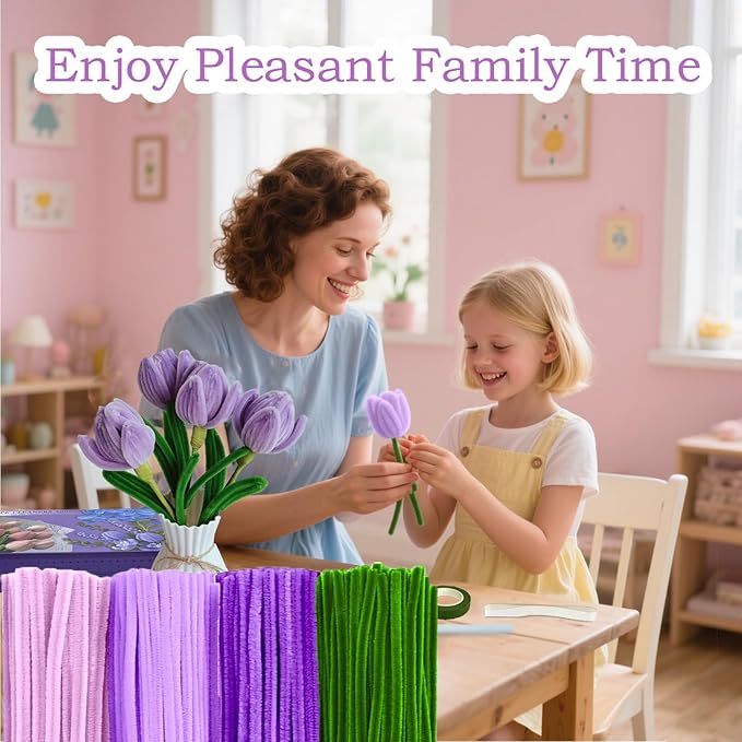 Pipe Cleaners Flower Craft Kit,Chenille Stems Craft DIY Bouquet Making Set with Floral Wires, Gardening Tape, Stamens & Ribbon for Home Decor-Holiday Decorations,Gifts - 400 Pcs(Purple)