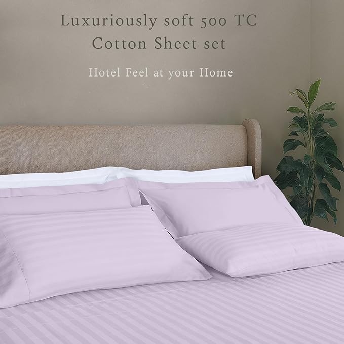 Threadmill 500 Thread Count Twin-XL Size Damask Stripe, 3 Pc Luxury Cotton Sheet Set, Breathable & Silky Soft Lilac Sheets with 15" Elasticized Deep Pocket, 1 Pillowcase & Free Tote Bag