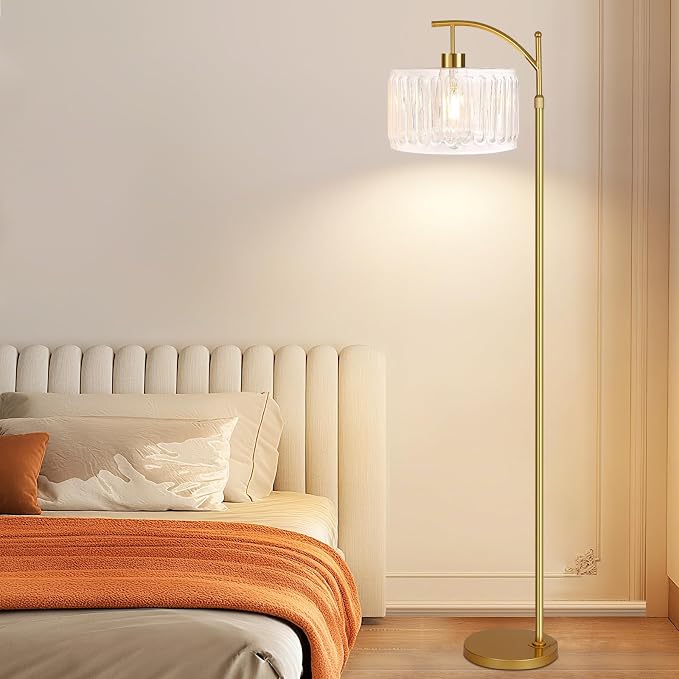 QIYIZM Glass Floor Lamp for Living Room,Bedroom,Gold Dimmable Standing Lamp with Remote,Brass White Tall Lamp Boho Mid Century Modern Floor Lamps Arc Floor Light Lamp Girls Kids Bohemian