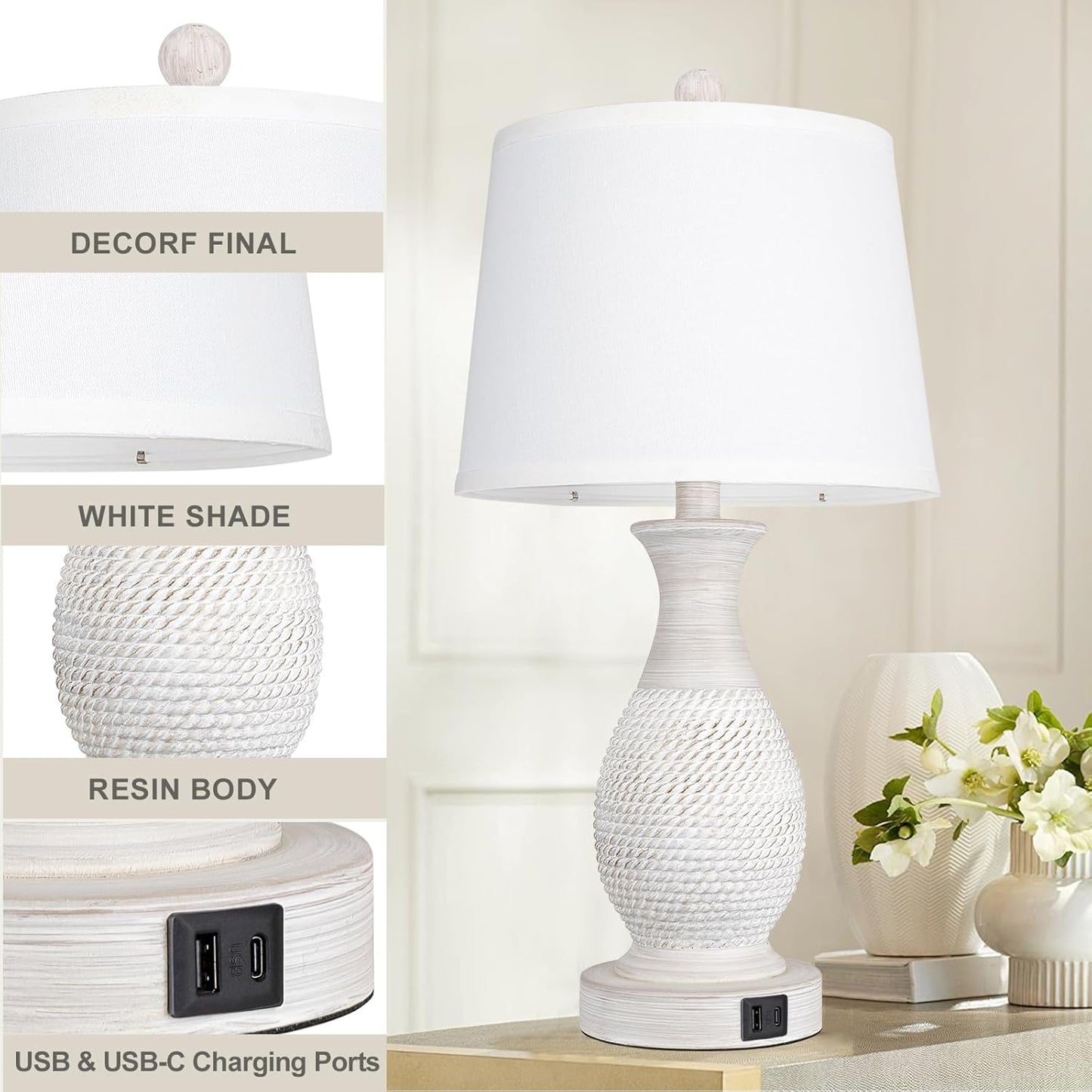 Table Lamps Set of 2, Bedside Touch Lamp with USB C+A Charging Ports, Side Table Lamp with White Fabric Shade (LED Bulbs Included)