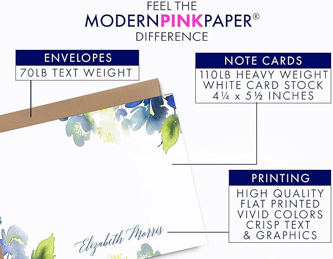 Personalized Floral Stationary with Envelopes, FLAT OR FOLDED, Watercolor Floral Stationery Set for Women, Blue and Green Personalized Floral Notecards with Envelopes, Choice of Colors and Quantity