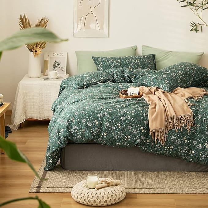 LifeTB Green Floral Duvet Cover Jersey Knit Cotton Duvet Cover King Size Vintage Flower Botanical Bedding Set Soft T Shirt Cotton Comforter Cover Chic Garden Style Bedding Cover with 2 Pillowcases