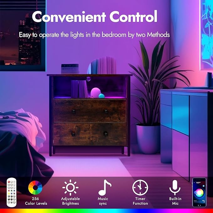 27 Inch Wide Night Stand, Large Wood Night Stand Set 2 with 2 Drawers, LED Nightstand with Charging Station and Adjustable Drawer, Bedside Table for Living Room/Bedroom/Study/Office, Retro.
