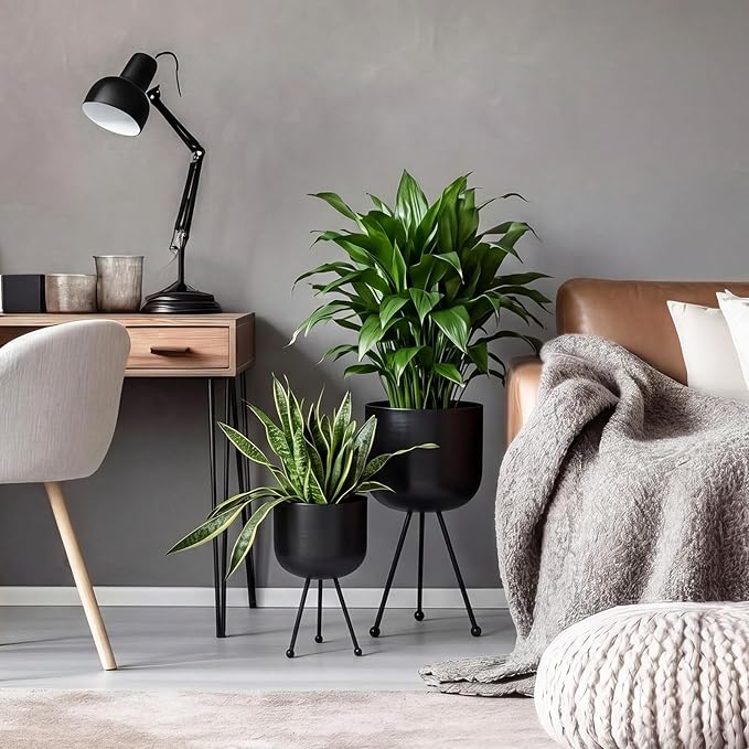 Frienda 2 Pack Mid Century Modern Decor Mid Century Modern Planter Metal Flowerpot with Stands Stylish Floor-Standing Flowerpot for Boho Home Office Indoor Outdoor Decor 20", 18" h (Black)