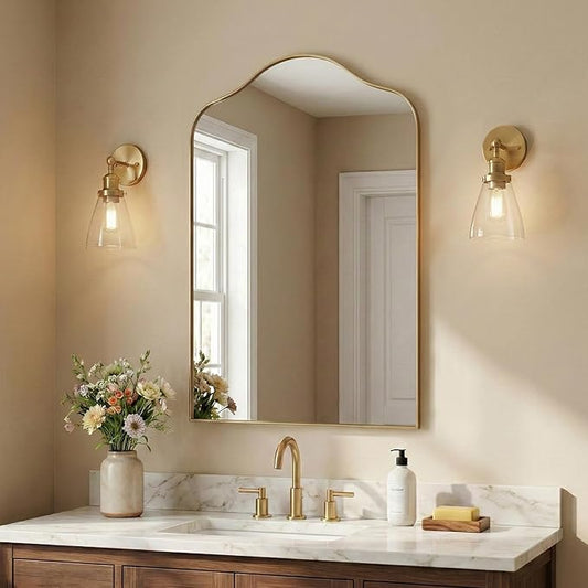 ANDY STAR Brass Scalloped Arched Wall Mirror, 24x36 Brushed Gold Irregular Bathroom Mirror with Curved Design for Vanity, Powder Room, Fireplace, Mantel, with Stainless Steel Metal Frame