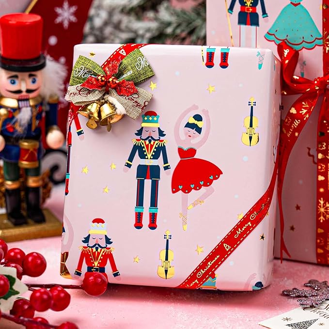 MAYPLUSS Pink Christmas Wrapping Paper Roll - 17IN X 33FT - Christmas Nutcracker Gift Wrapping Paper Featuring Ballet Guitar Gold Star Reversible Snowflake for Kids, Holiday, New Year
