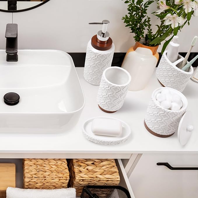 RQYIXI Elegant 5 PCS Ceramic&Wood Bathroom Accessories Set:Soap Dispenser,Toothbrush Holder,Tumbler,Soap Dish,Cotton Swab Jar,Easy to Clean,Quatrefoil Pattern,White-Affordable Home Luxury