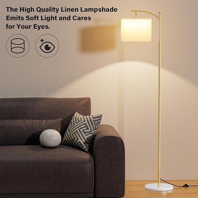 Ambimall 60" Floor Lamp for Living Room with 3 Color Temperatures, Gold Standing Lamp with White Marble Base, Modern Tall Lamp for Bedroom Office, 9W LED Bulb Included