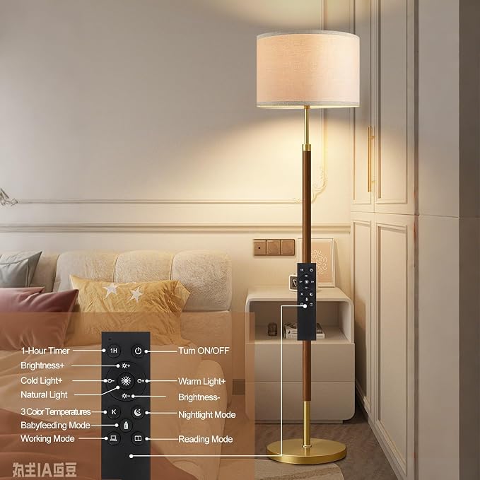 Wood Floor Lamps for Living Room Farmhouse Floor Lamp with Remote Control,Dimmable Vintage Floor Lamp Mid Century Modern Standing Lamp with 3 Color Temperature Tall Floor Lamps For Bedroom Corner