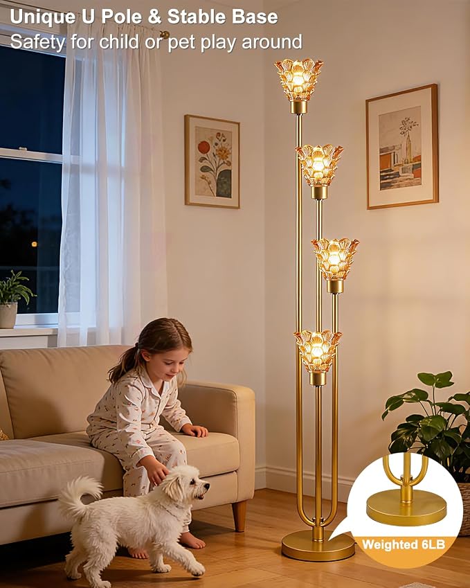 Lightdot Glass Floor Lamp Dimmable 4-Lights Gold with Amber Glass Shade 3000K Bulbs Included Mid Century Modern Standing Tall Lamp with 5Lbs Heavy Base for Living Room/Bedroom/Sofa Beside/Corner Decor