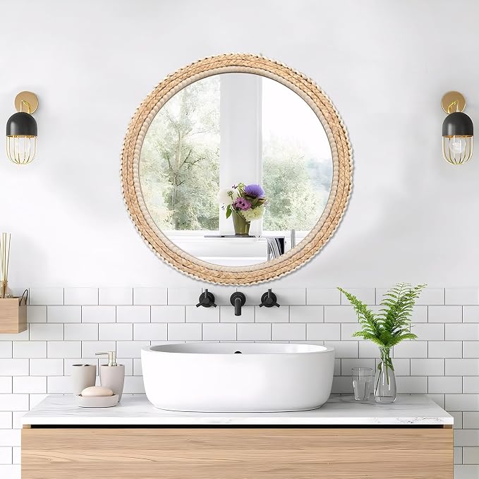 FUIN 24" Rattan and Wood Round Mirror for Boho Bathroom, Entryway, Living Room Decor