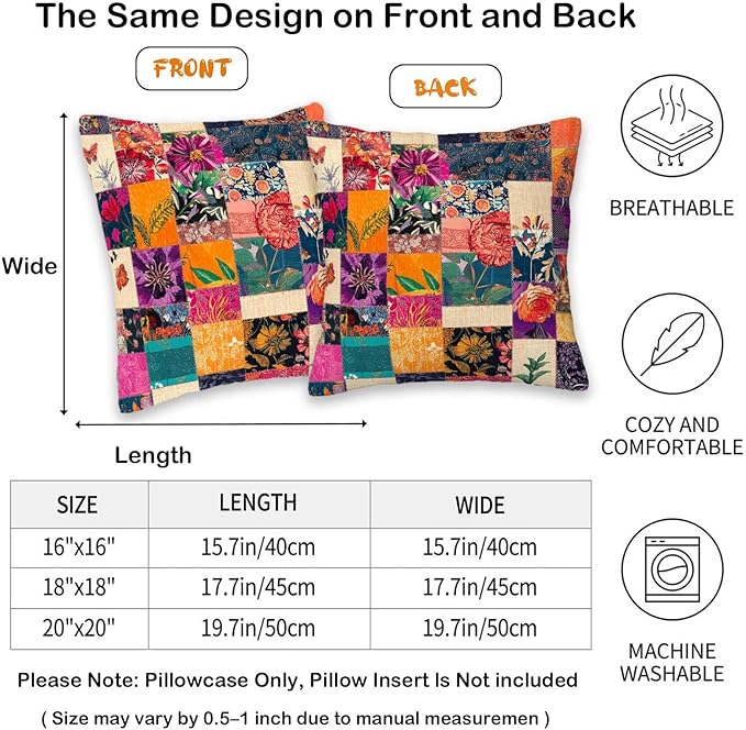Printed Faux Patchwork Throw Pillow Covers 18x18 Set of 2 | Rustic Kantha Cushion Cases with Hidden Zipper | Floral Decorative Pillowcases for Couch, Sofa, Living Room and Bedroom