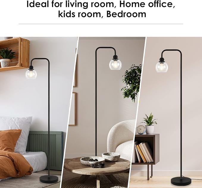 Modern Floor Lamps for Living Room with 6W LED Bulb, Industrial Floor Lamp, Clear Glass, Black Classic Reading Tall Lamp for Home Office, Standing Lamps for Bedroom, Study, Minimalist, Vintage