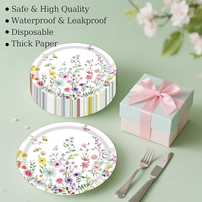 50PCS Wildflower Party Paper Plates 7 Inch, Disposable Floral Cake Dessert Plates for Spring Summer Picnic Wedding Baby Shower Birthday Tea Party Decorations (Wildflower)
