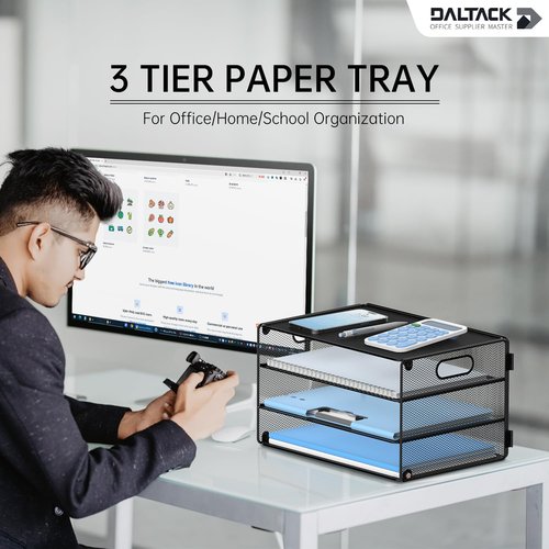 DALTACK 3-Tier Letter Tray - Stylish Mesh Desk Organizer with Handle for Office & Home | Black Metal