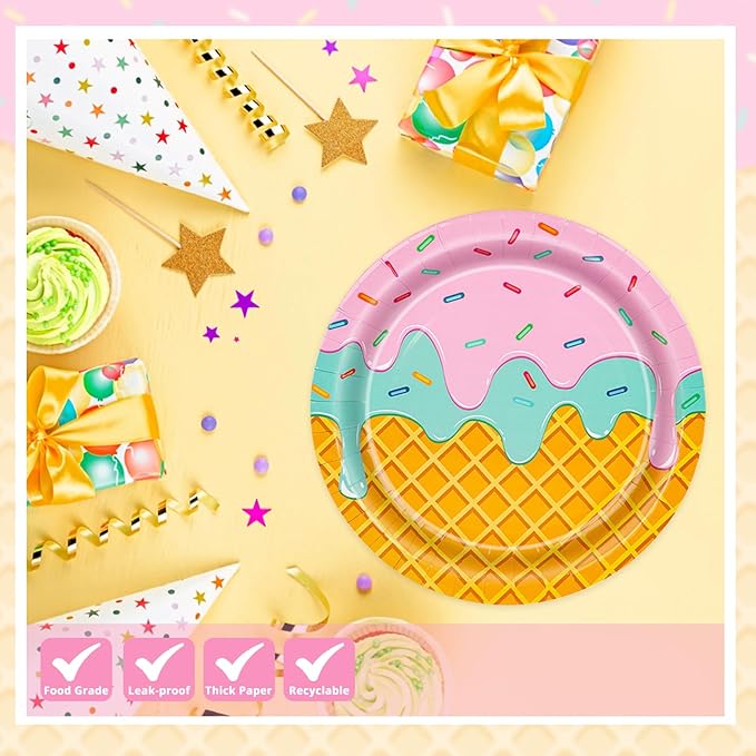 T-Antrix 40 Pcs Ice Cream Party Supplies, Disposable Ice Cream Paper Plates and Napkins Tableware Set for Kids & Girls Birthday, Baby Shower & Themed Parties Serves 20