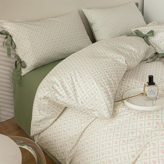 VM VOUGEMARKET Red Blooming Duvet Cover Set Twin,Green Plaid Grid Duvet Cover with 2 Bowknot Pillowcases 100% Cotton Chic Garden Style Bedding Set for Girls Women Without Comforter