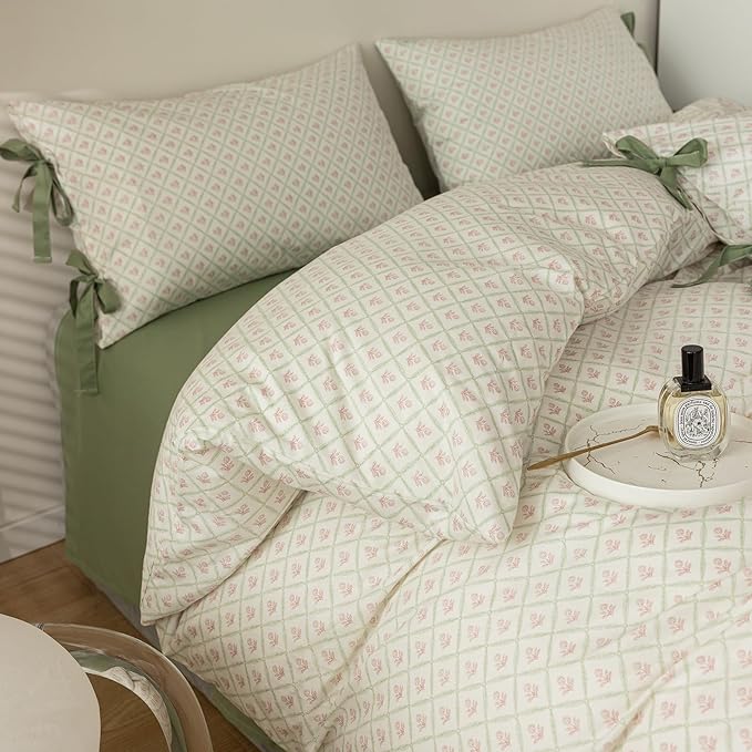 AOJIM Pink Floral Print Bedding Duvet Cover Full Size with Plaid Design, Pure Cotton Kids Adults Comforter Cover Set 3pcs for Room Decor, 1 Soft Quilt Cover and 2 Pillowcases with Bow Ties, No Duvet