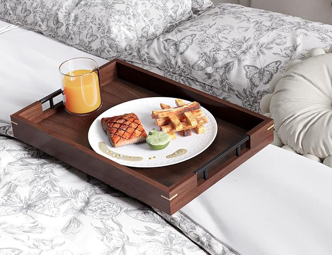 Fibogollo Walnut Wood Set of 2 Serving Tray with Metal Handles,Ottoman Decorative Trays Platter for Coffee Table,Living Room,Bar