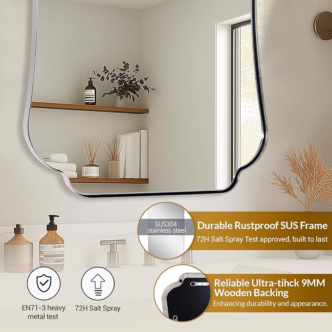 ANDY STAR Chrome Bathroom Mirror 24x36 Inches, Modern Scalloped Wall Mirror with Distinctive Notched Edge Stainless Steel Frame for Hallway, Lounge and Vanity Area