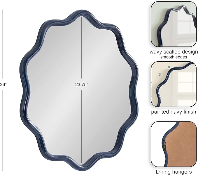 Kate and Laurel Talma Modern Round Scalloped Wall Mirror, 26 Inch Diameter, Navy Blue, Decorative Wavy Circle Mirror for Use as Bathroom Mirror for Over Sink or Nursery Mirror Decor