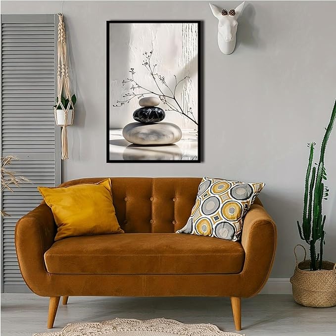 Gray and black stone pile and dried flowers poster canvas wall art in harmony Minimalist wall art for tranquil homes and mindful spaces 12x18in Metal blackFramed