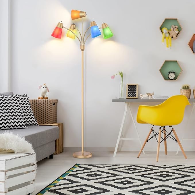 FOLKSMATE LED Floor Lamp, Medusa Multi Head Modern Tall Standing Lamps, Adjustable Corner Reading Floor Light for Living Room, Bedroom, Kids Room, White and Colored Lampshades, Brass Gold
