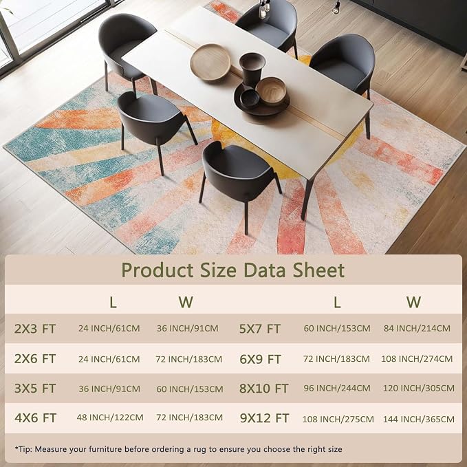 9x12 Boho Sun Area Rug Retro Orange Yellow Blue Beige Bedroom Rug Low Pile Thin Large Carpet Living Room Non Slip Dining Room Stain Resistant Office Washable Machine Classroom