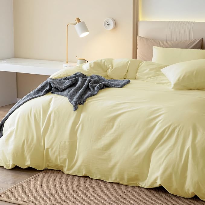 JIYUAN 100% Washed Cotton Duvet Cover Set 3 Pieces King, 1 Duvet Cover 104x90 Inches(Comforter Not Included) and 2 Pillowcases,Linen Feel Bedding Set Comfy and Breathable,Light Yellow