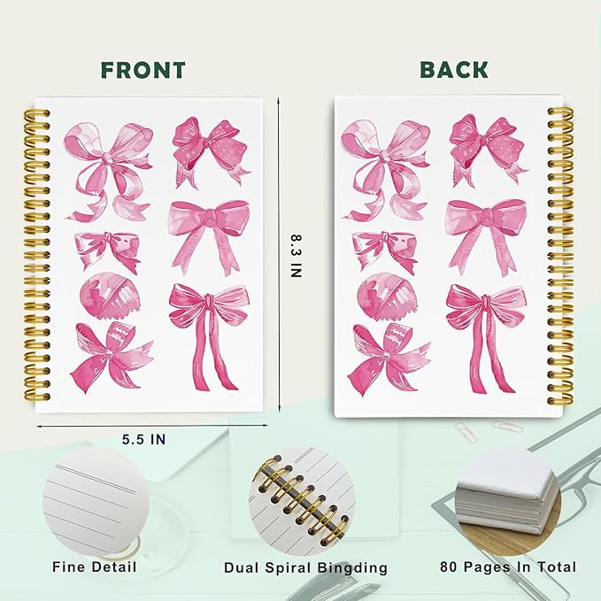 JKBMN Trendy Coquette Pink Bow Notebook Journal, Preppy Watercolor Bows Spiral Notebook, Cute Journaling Notebooks for Girls, Pink Office Supplies, Hardcover Spiral Notebooks College Ruled 5.5 x 8.3