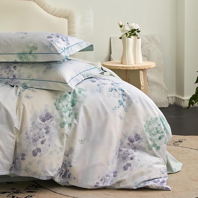 VM VOUGEMARKET Green Purple Duvet Cover Set Queen,3 Pieces Branch Leaves Duvet Cover with 2 Pillow Shams 100% Cotton Botanical Bedding Set-Queen,90x90 Inch