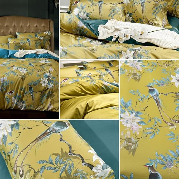 LifeTB Vintage Floral Duvet Cover Set Queen 3 Pieces Birds Flowers Pattern Duvet Cover Luxury Soft Cotton Floral Comforter Cover Garden Style Bird Flowers Bedding Set Queen Size Breathable