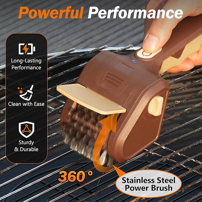Lrly BBQ Grill Brush for Outdoor Grill, Cordless Electric Grill Cleaner, Rechargeable Grill Cleaning Stainless Steel Brush, Grill Scraper, BBQ Accessories Brown