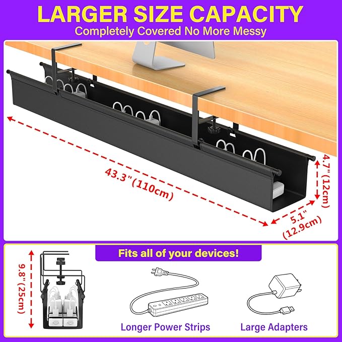 Large Under Desk Cable Management Tray, REFLYING 43.7" Cable Management Under Desk No Drill,Adjustable Clamp Cord Wire Organizer, Cord Hider for Standing Table, Wire Hider for Office,Home (Large)
