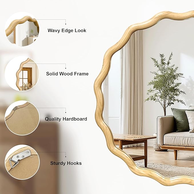 Circle Wood Mirrors for Wall, Wavy Round Bathroom Scalloped Mirror Wooden Frame 28 Inch for Living Room Farmhouse Bedroom Hallway Entryway Living Room with Shatterproof Glass Wall Mounted