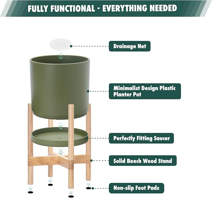 D'vine Dev Planter Pot with Stand - 8 Inch Plastic Cylinder Flower Pot with Wood Planter Holder for Indoor, Olive Pot + Natural Stand, 55-C-J-3