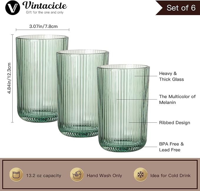 Green Ribbed Highball Glasses Set of 6, 13.2oz Sage Green Colored Glassware, Drinking Glasses for Water, Juice, Iced Coffee, Cocktails, Green Glass Cups, Housewarming Christmas Gift