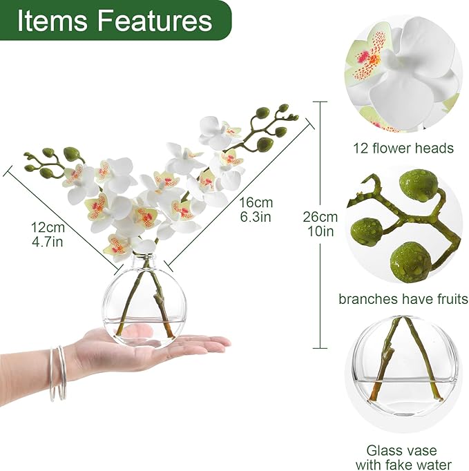 Artificial Orchid White Artificial Flower 10 in Small Fake Plant Table Shelf Decor Flower with Vase Fake Water