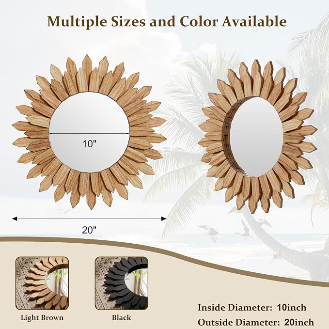 Boho Wood Sunburst Round Wall Mirror, 20 Inch Rustic Circle Wooden Frame Decorative Mirror for Farmhouse Coastal Home, Home Wall Decor for Living Room Entryway Bedroom, Light Wood