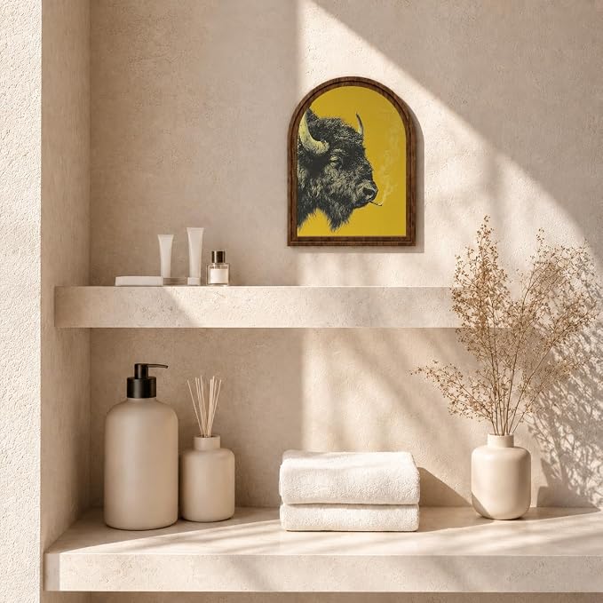 Rustic Home Wooden Frame Decor, Retro Whimsical Smoking Bison Framed Decor, Arched Wooden Frame with Stand, Vintage Buffalo Art Print, Funny Tabletop & Wall Accent for Living Room, Bedroom