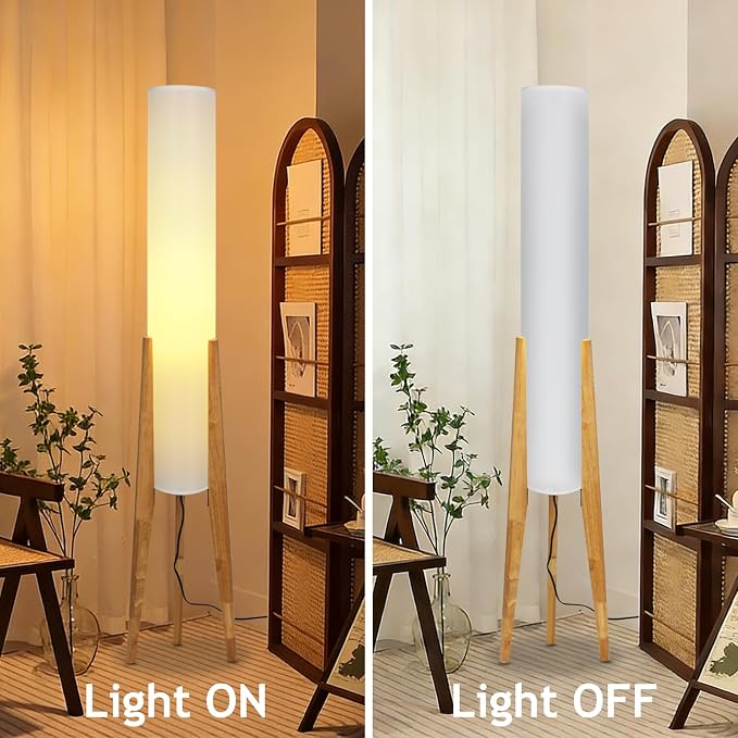 Wabi-sabi 50" Wooden Tripod Floor Lamp Linen Floor Lamp Paper Lantern Inspired Fabric Standing Lamp With E26 3-Color Temperatures Solid Wood Tall Light For Living Room Bedroom (Includes Bulb)