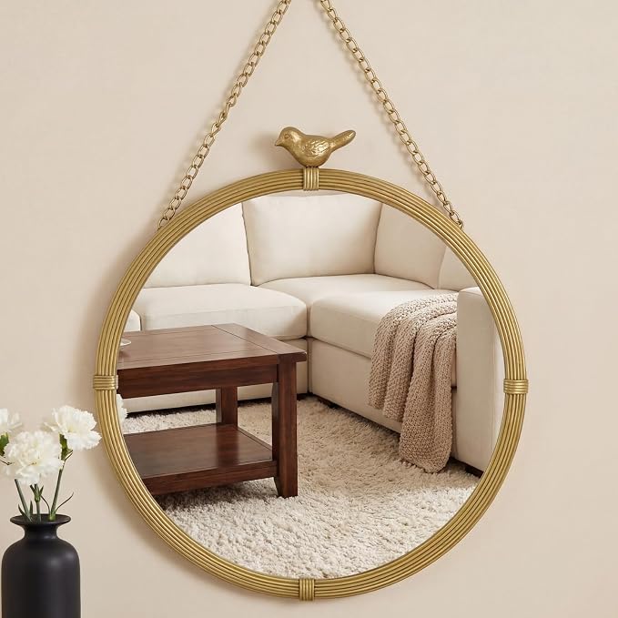 Vercraft Vintage Gold Decorative Wall Mirror with Bird Accent, 20" Large Round Hanging Mirror with Chain, Antique Style Metal Frame Accent Mirrors for Entryway Bedroom Bathroom