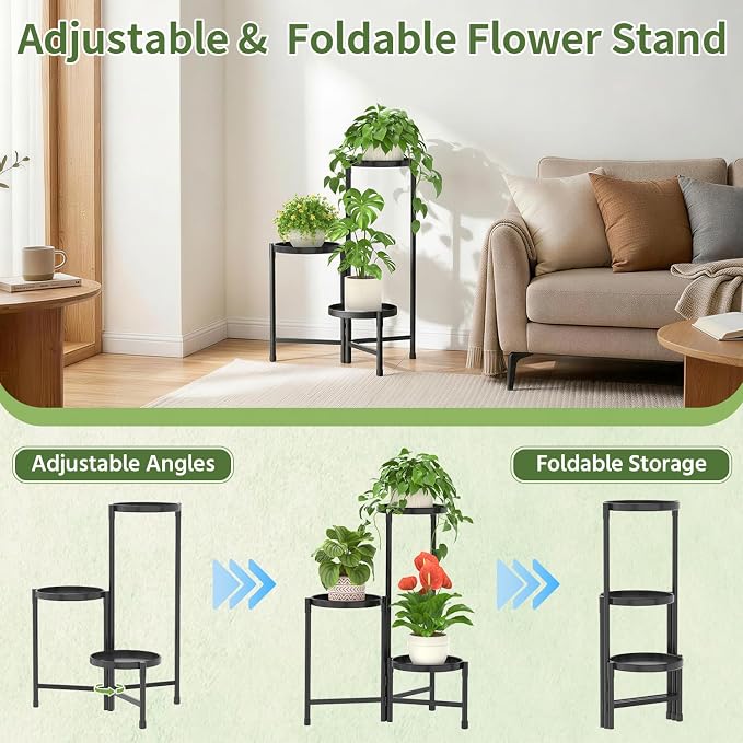 LASZOLA 3 Tier Large Plant Stand Indoor Tall with 10 Inch Metal Tray, Corner Folding Flower Display Rack, Modern Plant Holder Shelf for Outdoor Patio Porch Garden Office Living Room, Black