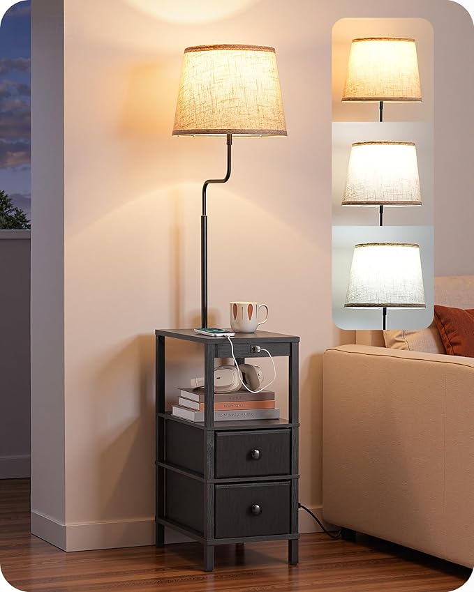 EDISHINE Floor Lamp with Table, USB-A+Type-C Port, Dimmable Bedside Floor Lamp with Shelves, Farmhouse Remote Nightstand Light for Living Room, Bedroom, Den, Office, Bulb Included, Black
